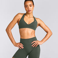 EffortlessLift™ Seamless Halter Neck Sports Bra with Grey Logo | Dark Khaki