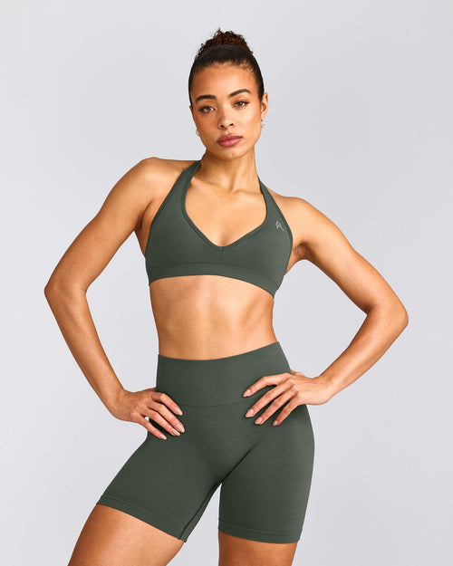EffortlessLift™ Seamless Halter Neck Sports Bra with Gray Logo | Dark Khaki