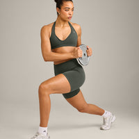 EffortlessLift™ Seamless Halter Neck Sports Bra with Grey Logo | Dark Khaki