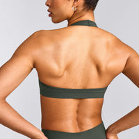 EffortlessLift™ Seamless Halter Neck Sports Bra with Grey Logo | Dark Khaki