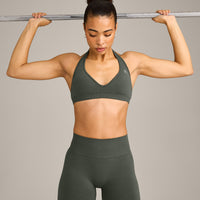 EffortlessLift™ Seamless Halter Neck Sports Bra with Grey Logo | Dark Khaki