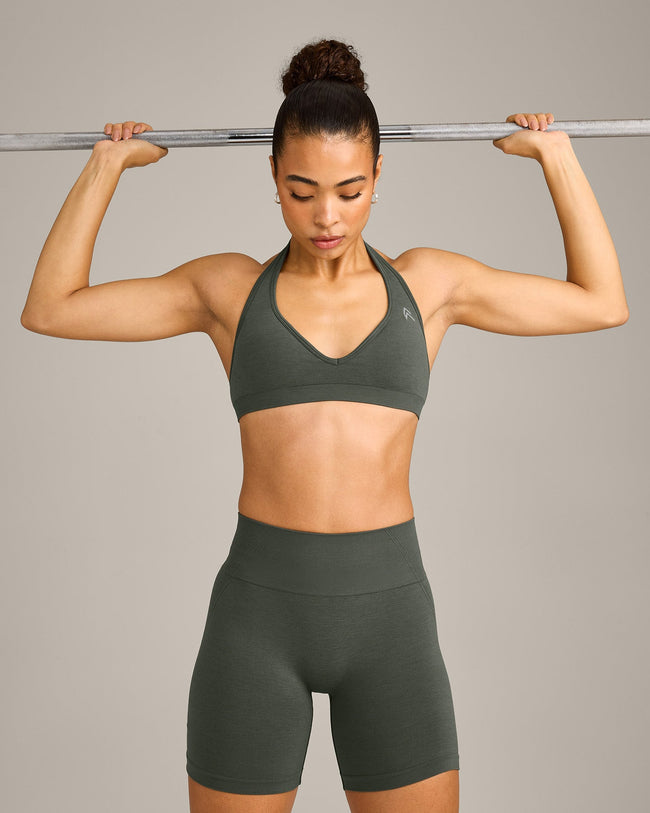 EffortlessLift™ Seamless Halter Neck Sports Bra with Grey Logo | Dark Khaki