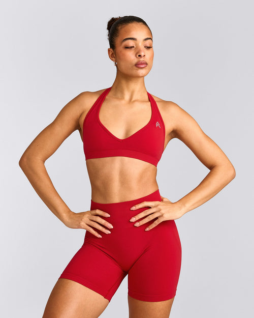 EffortlessLift™ Seamless Halter Neck Sports Bra with Gray Logo | Fiery Red