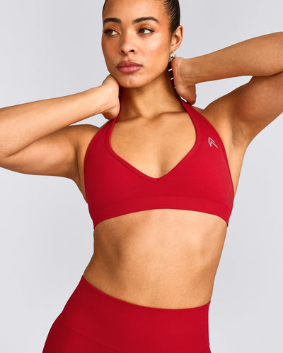 EffortlessLift™ Seamless Halter Neck Sports Bra with Grey Logo | Fiery Red