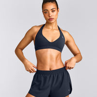 EffortlessLift™ Seamless Halter Neck Sports Bra with Grey Logo | True Blue