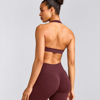 EffortlessLift™ Seamless Halter Neck Sports Bra with Grey Logo | Velvet Mocha
