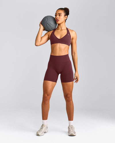 EffortlessLift™ Seamless Halter Neck Sports Bra with Grey Logo | Velvet Mocha