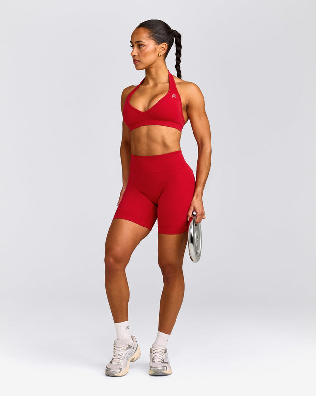 EffortlessLift™ Seamless Mid Rise Shorts with Grey Logo | Fiery Red