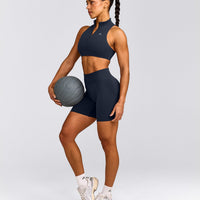 EffortlessLift™ Seamless Mid Rise Shorts with Grey Logo | True Blue