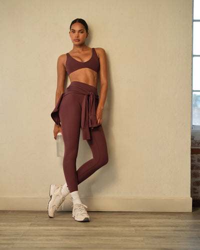 SoftMotion™ High Waisted Leggings with Grey Logo | Velvet Mocha