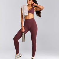 SoftMotion™ High Waisted Leggings with Grey Logo | Velvet Mocha