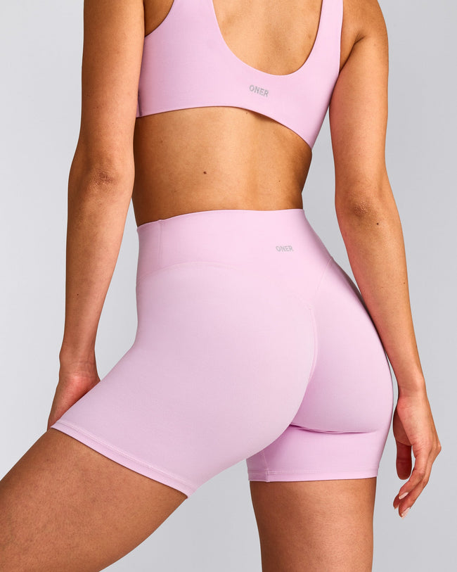 SoftMotion™ High Waisted Shorts 6" with Grey Logo | Chalk Pink