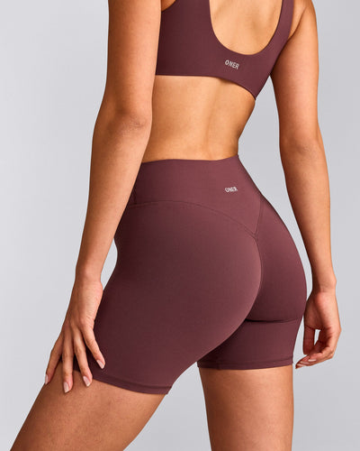 SoftMotion™ High Waisted Shorts 6" with Grey Logo | Velvet Mocha