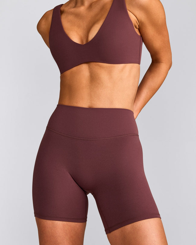SoftMotion™ High Waisted Shorts 6" with Grey Logo | Velvet Mocha