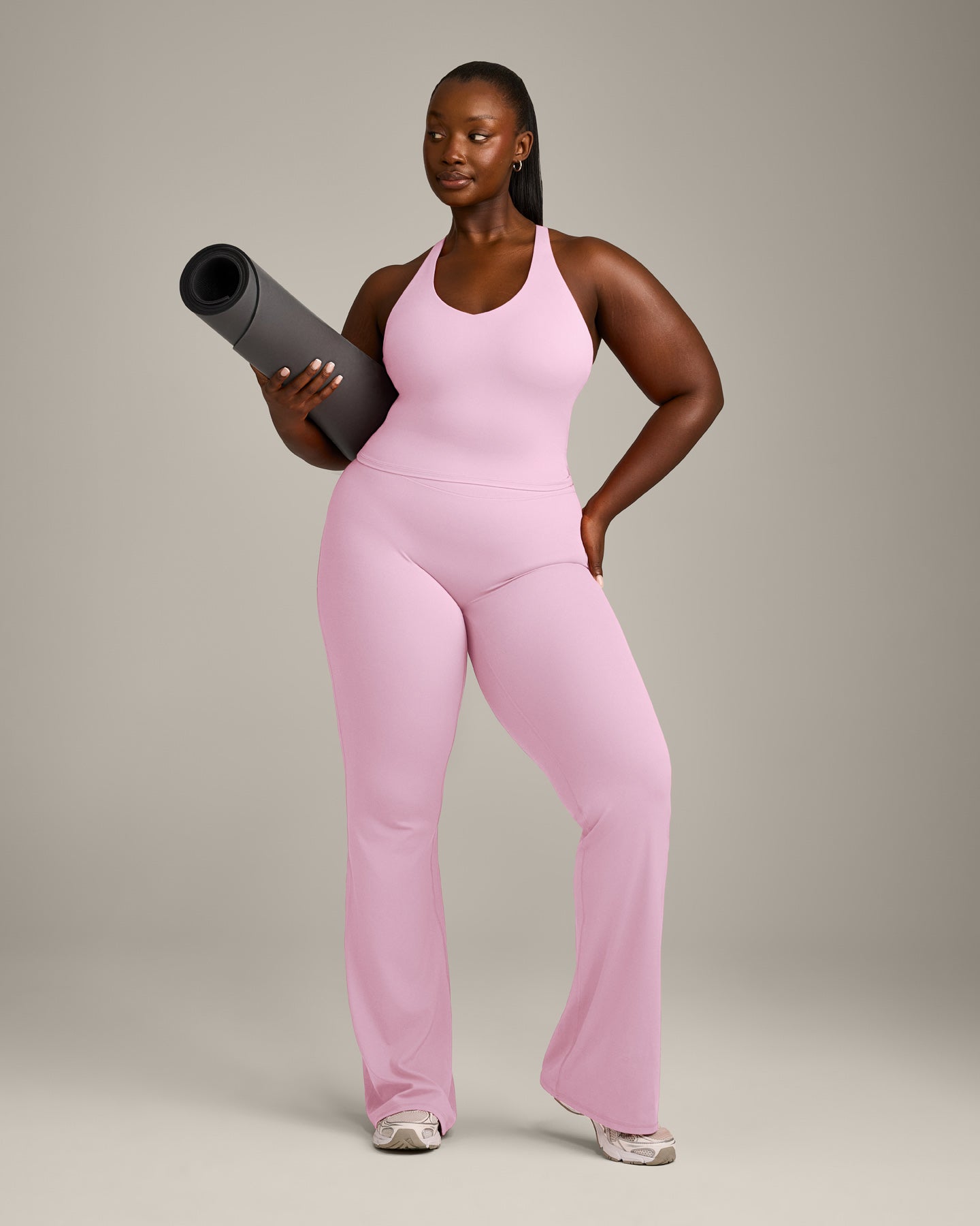 SoftMotion™ Racer Back Mid Vest with Built in Bra Shelf with Grey Logo | Chalk Pink