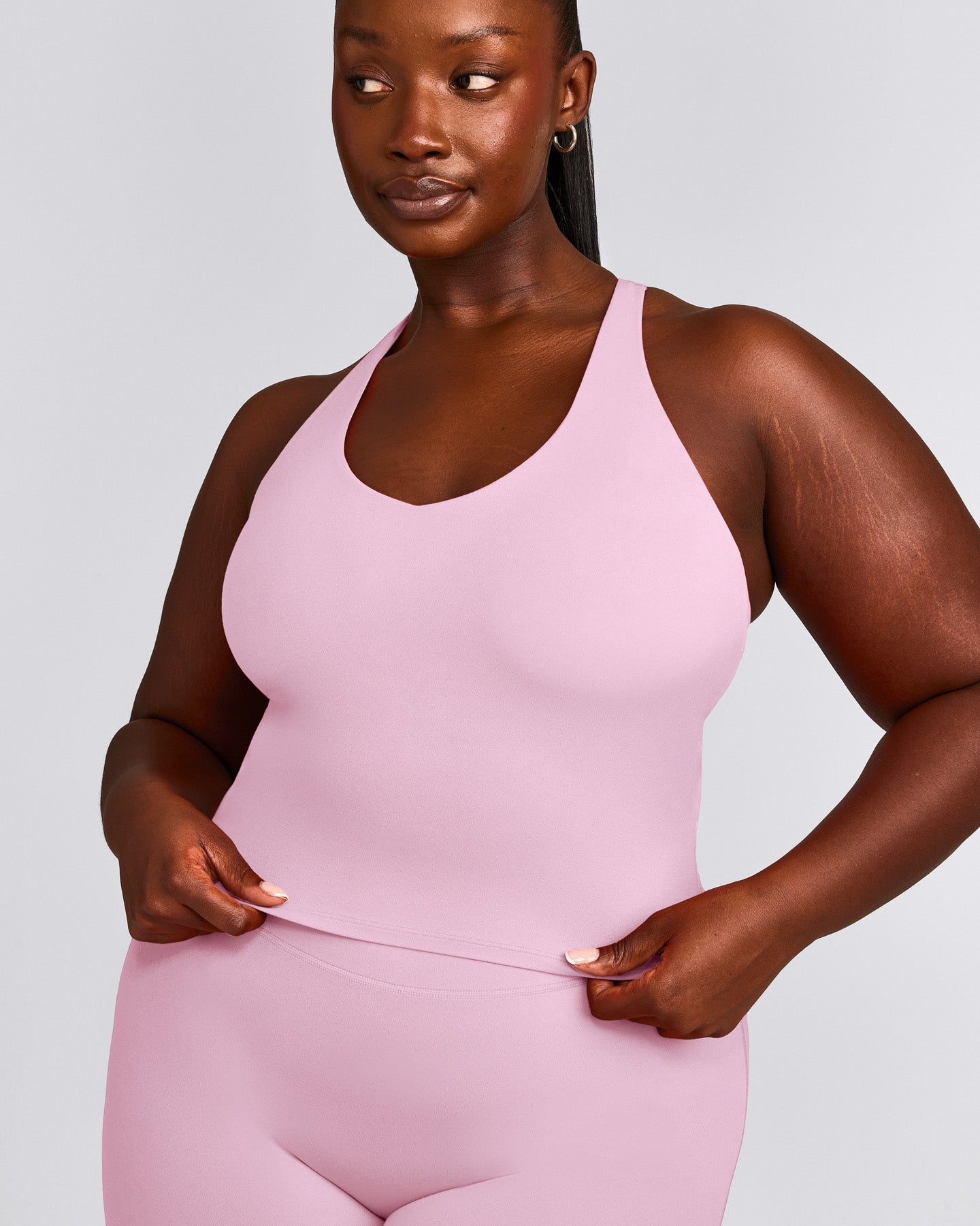 SoftMotion™ Racer Back Mid Vest with Built in Bra Shelf with Grey Logo | Chalk Pink