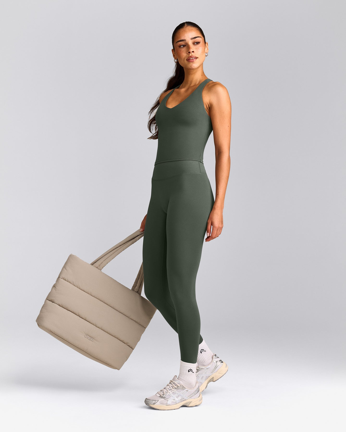SoftMotion™ Racer Back Mid Vest with Built in Bra Shelf with Grey Logo | Dark Khaki