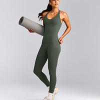 SoftMotion™ Racer Back Tank Top with Built in Bra Shelf with Gray Logo | Dark Khaki