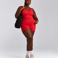 SoftMotion™ Racer Back Tank Top with Built in Bra Shelf with Gray Logo | Fiery Red