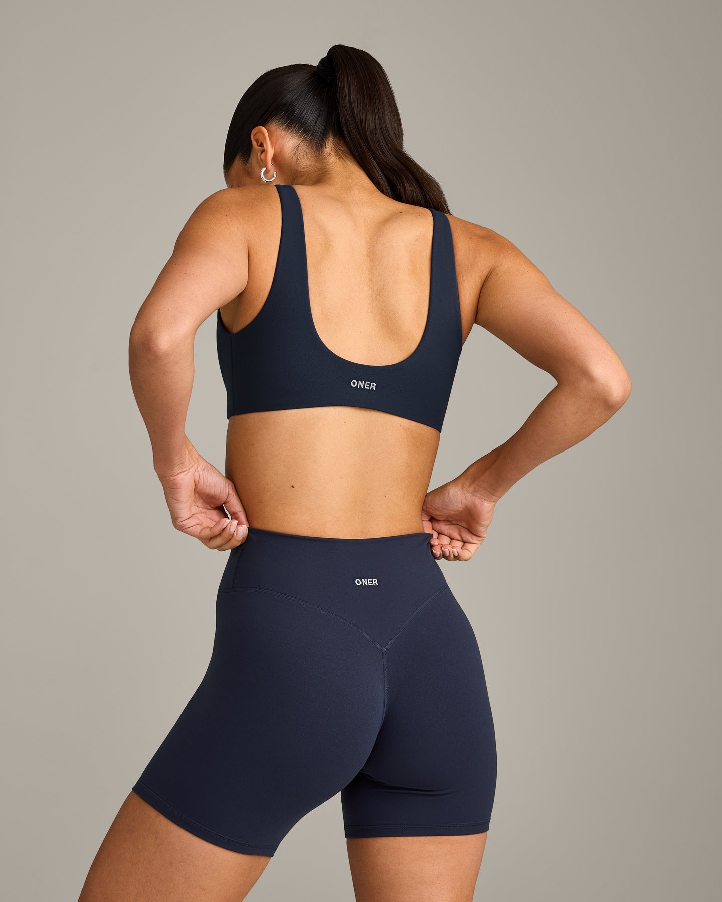 SoftMotion™ Scoop Back Bralette with Grey Logo | True Blue