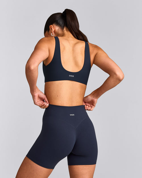 SoftMotion™ Scoop Back Bralette with Gray Logo | True Blue