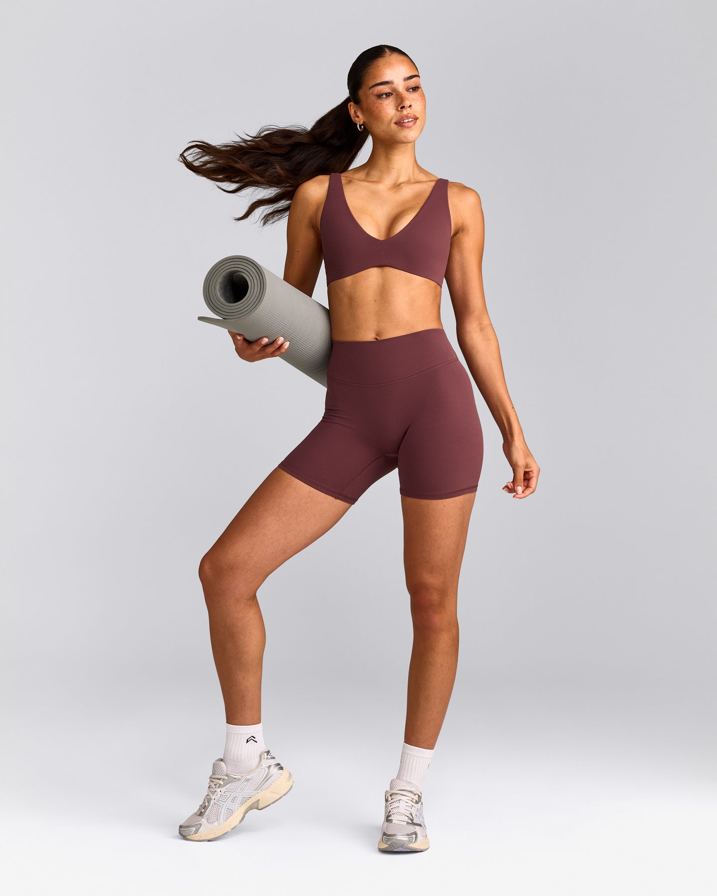 SoftMotion™ Scoop Back Bralette with Grey Logo | Velvet Mocha