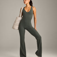 SoftMotion™ Scoop Back Flared All In One Long with Grey Logo | Dark Khaki