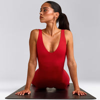 SoftMotion™ Scoop Back Flared All In One Long with Grey Logo | Fiery Red