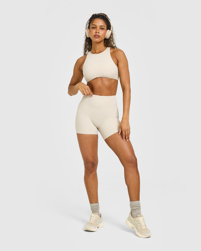 SoftMotion™ High Waisted Shorts 6" with White Logo | Sand