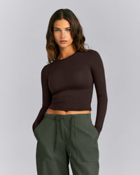 Fitted Cotton Long Sleeve Crew Neck Top | 70% Cocoa