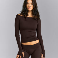 FormeSoft™ Fitted Off-The-Shoulder Long Sleeve Top | 70% Cocoa