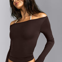 FormeSoft™ Fitted Off-The-Shoulder Long Sleeve Top | 70% Cocoa