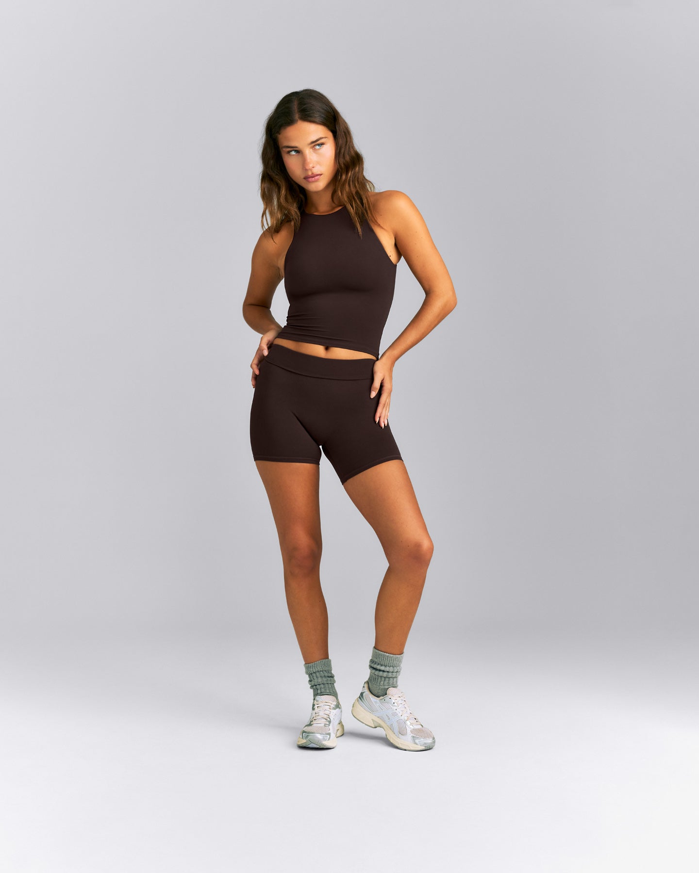 SoftMotion™ High Neck Mid Tank with Built in Bra Shelf | 70% Cocoa