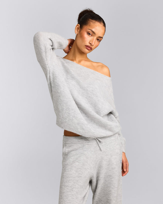 Oversized Knit Off-The-Shoulder Sweater | Light Gray Marl