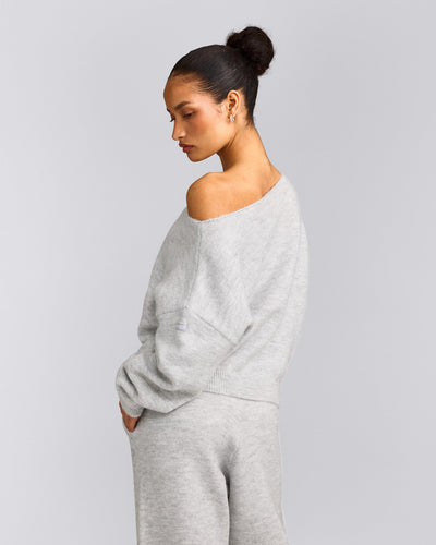 Oversized Knit Off-The-Shoulder Sweater | Light Gray Marl