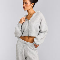 Oversized Knit Zip Through Mid Hoodie | Light Grey Marl