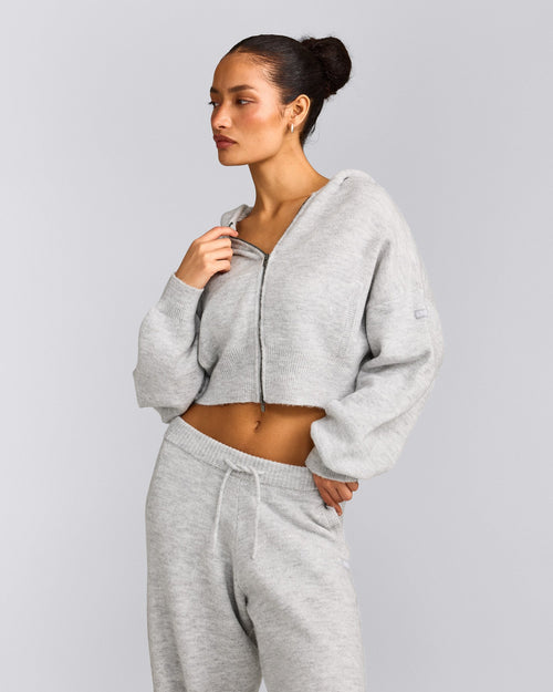 Oversized Knit Zip Up Mid Hoodie | Light Gray Marl