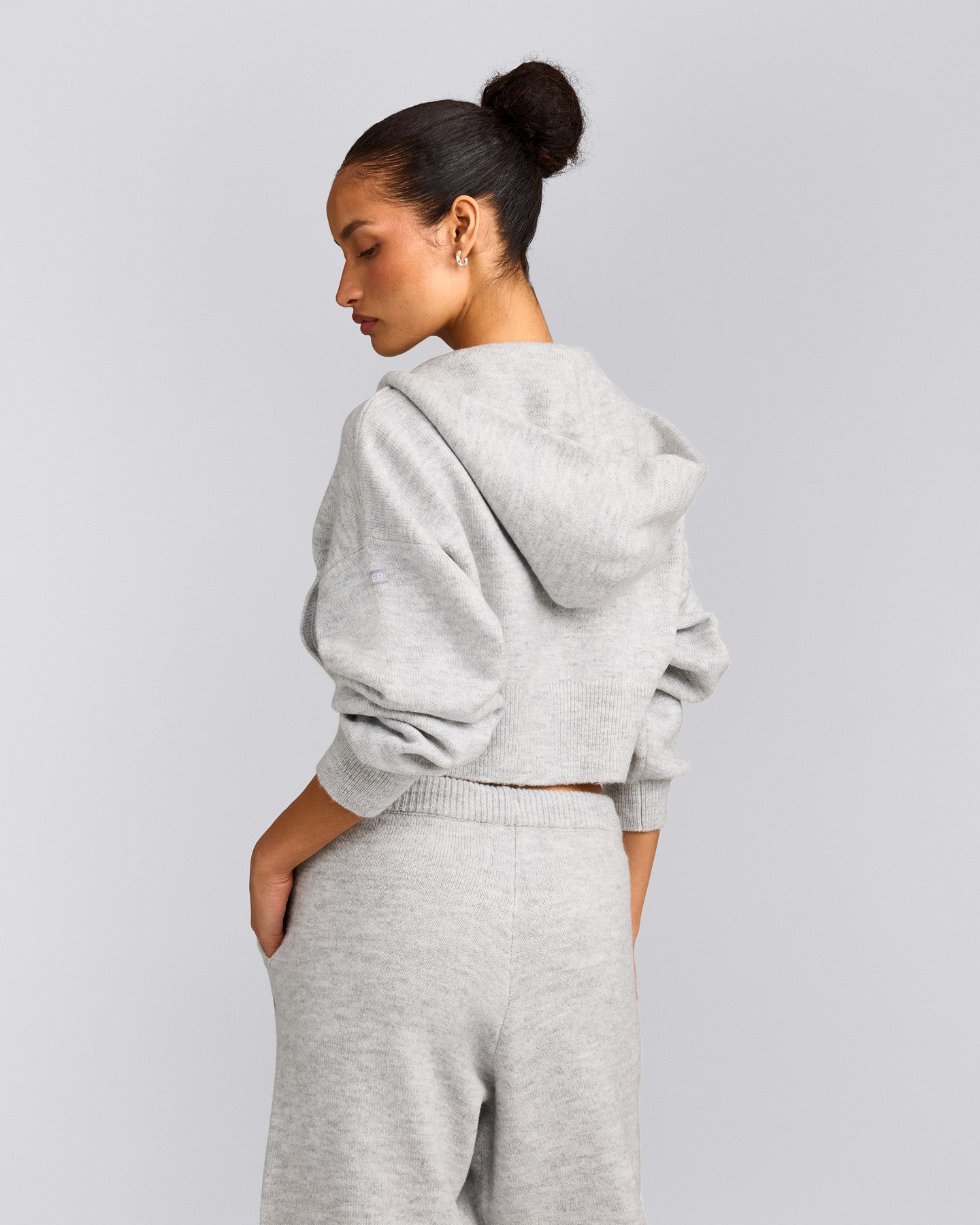 Oversized Knit Zip Through Mid Hoodie | Light Grey Marl