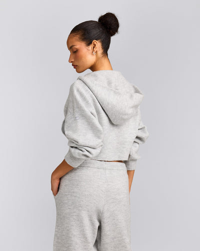 Oversized Knit Zip Through Mid Hoodie | Light Grey Marl