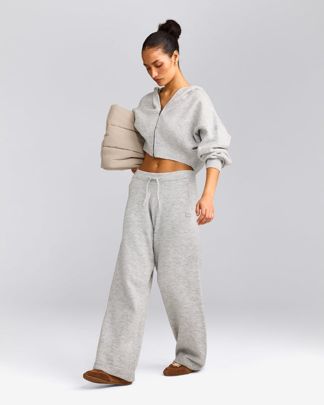 Oversized Knit Zip Through Mid Hoodie | Light Grey Marl
