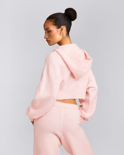Oversized Knit Zip Through Mid Hoodie | Soft Girl Pink