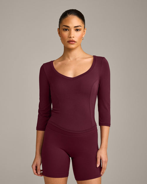 Mellow™ Motion Wide V Neck 3/4 Length Sleeve Mid Top | Cherry Lacquer Purple