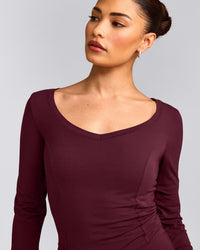 Mellow™ Motion Wide V Neck 3/4 Length Sleeve Mid Top | Cherry Lacquer Purple