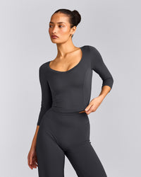 Mellow™ Motion Wide V Neck 3/4 Length Sleeve Mid Top | Coal