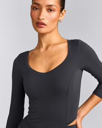 Mellow™ Motion Wide V Neck 3/4 Length Sleeve Mid Top | Coal