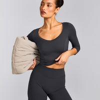 Mellow™ Motion Wide V Neck 3/4 Length Sleeve Mid Top | Coal