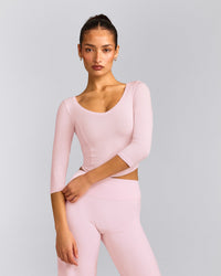 Mellow™ Motion Wide V Neck 3/4 Length Sleeve Mid Top | Soft Girl Pink
