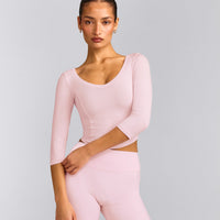 Mellow™ Motion Wide V Neck 3/4 Length Sleeve Mid Top | Soft Girl Pink