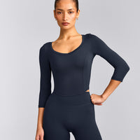 Mellow™ Motion Wide V Neck 3/4 Length Sleeve Mid Top | True Blue