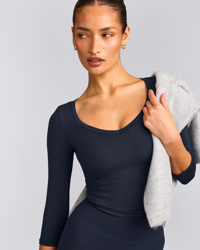 Mellow™ Motion Wide V Neck 3/4 Length Sleeve Mid Top | True Blue